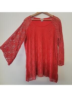 Lacey Tunic Top Flare Sleeve Women's 1x Brittany Black Coral Orange Whimpsy Boho